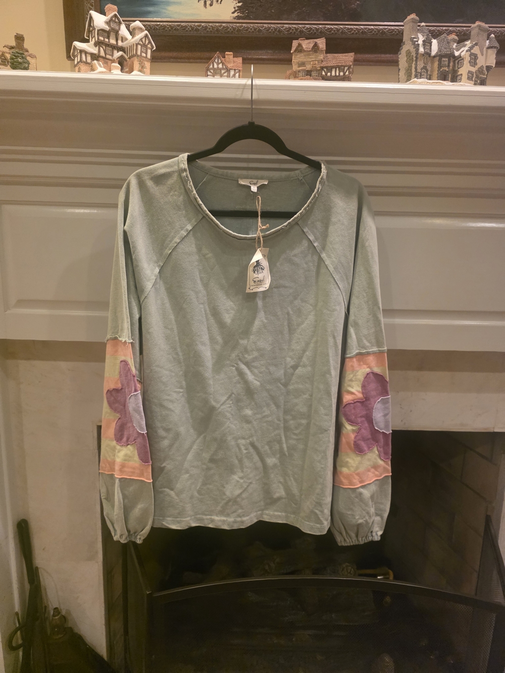 easel Sage Green Long-Sleeve Top with Floral Elbow Patches